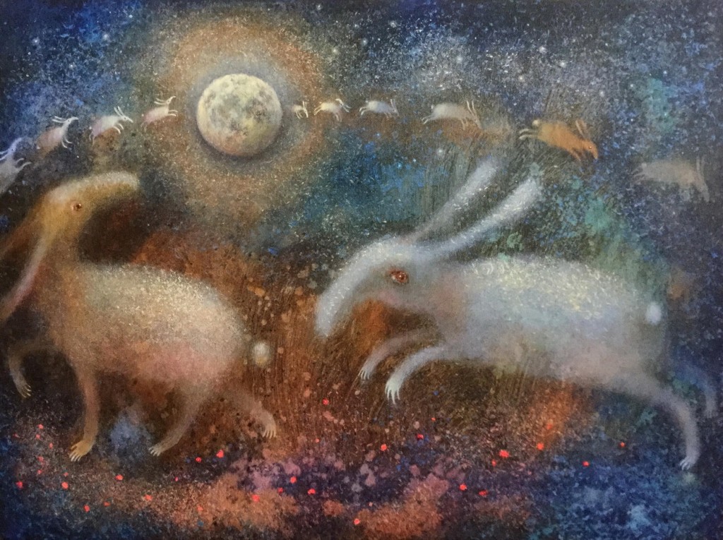 Rabbit moon 24x20" acrylic, wood panel