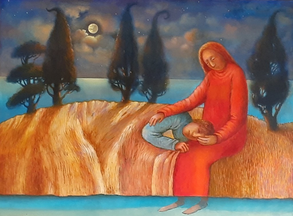 A woman covers her son or husband as a child with a veil of Earth. She sings her last lullaby. The artist lived in Crimea for a long time. The landscape was inspired by the theme of a quiet and dark Ukrainian night in Crimea.