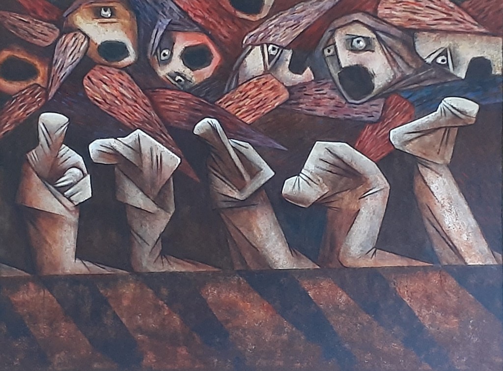 The painting was created under the impression of the massacres in Bucha and other regions of Ukraine. The victims of the tragedy in Bucha were shot with hands tied behind their backs and bags on their heads.